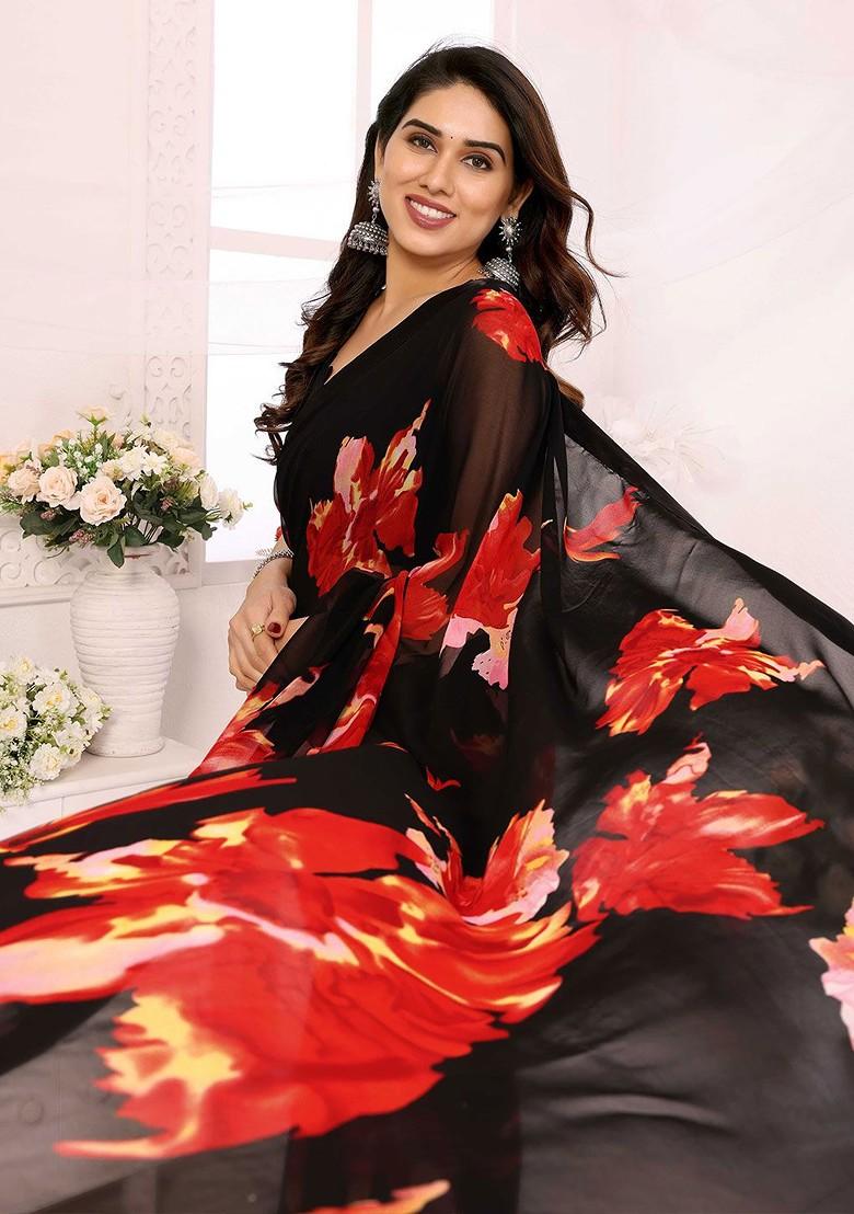Black Floral Print Blended Saree Set