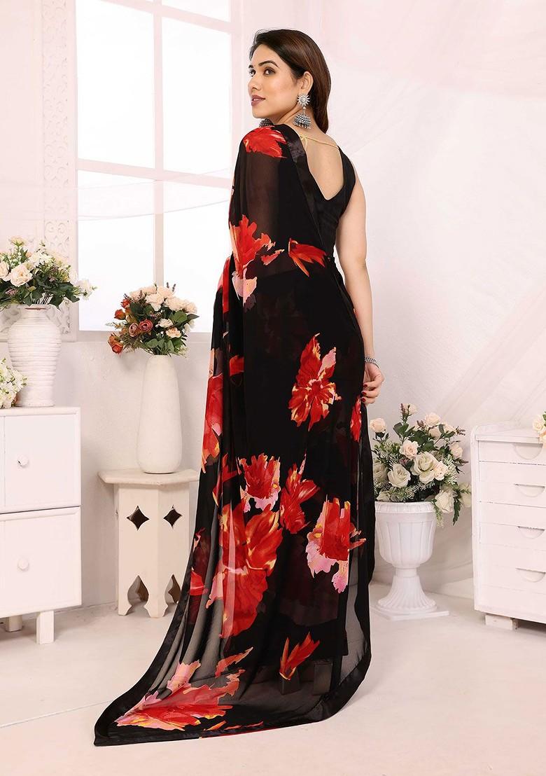 Black Floral Print Blended Saree Set