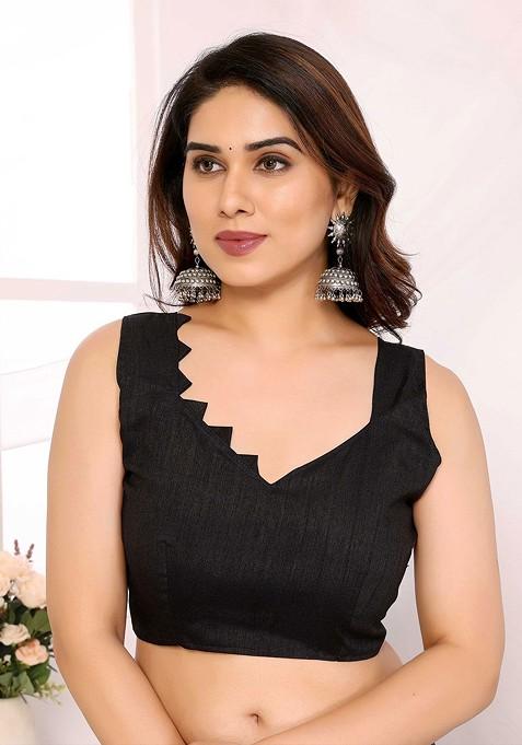 Black Floral Print Blended Saree Set