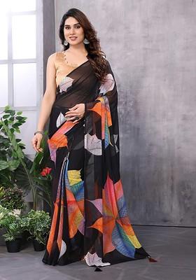 Black Floral Print Blended Saree Set