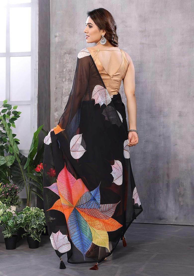 Black Floral Print Blended Saree Set - Indya