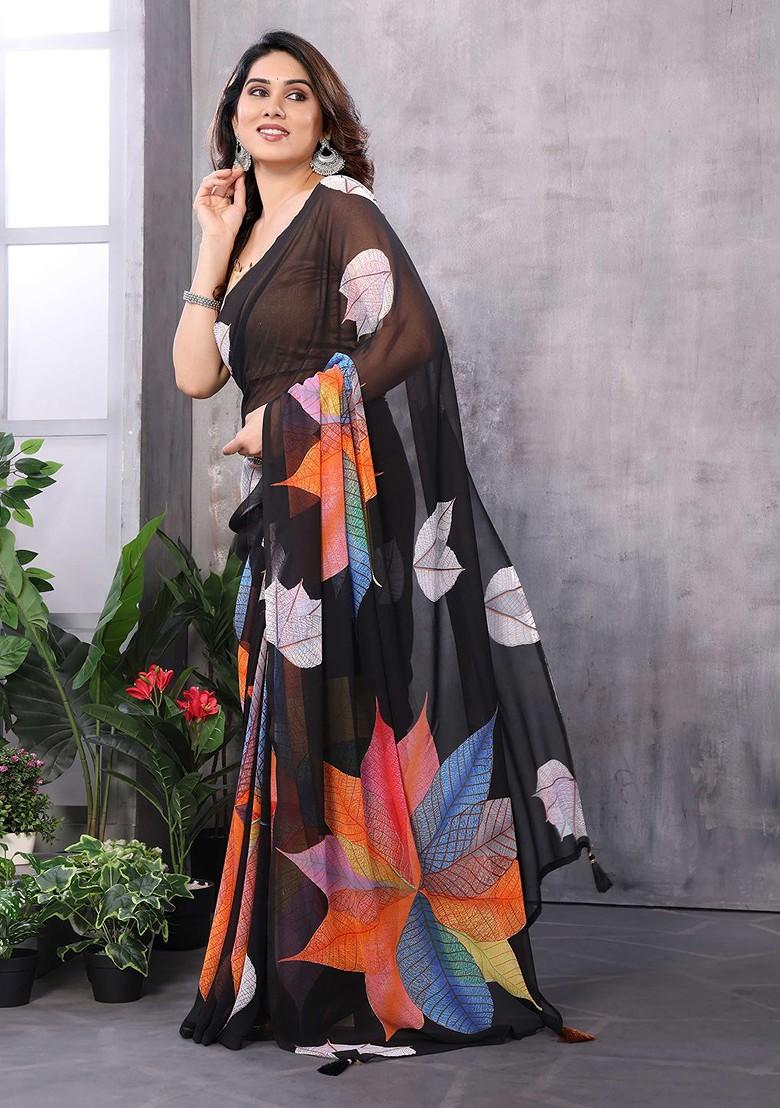 Black Floral Print Blended Saree Set - Indya