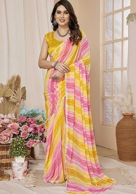 Yellow Embroidered Blended Saree Set