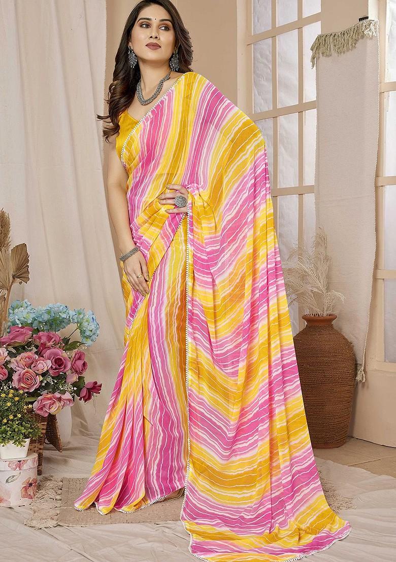 Yellow Embroidered Blended Saree Set - Indya