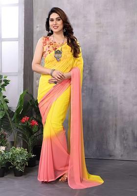 Yellow Embroidered Blended Saree Set