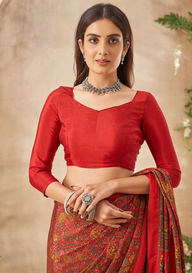 Red Floral Print Blended Saree Set