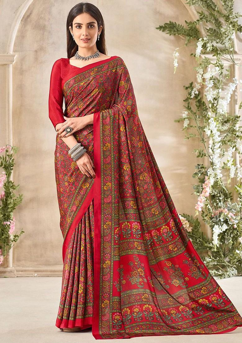 Red Floral Print Blended Saree Set
