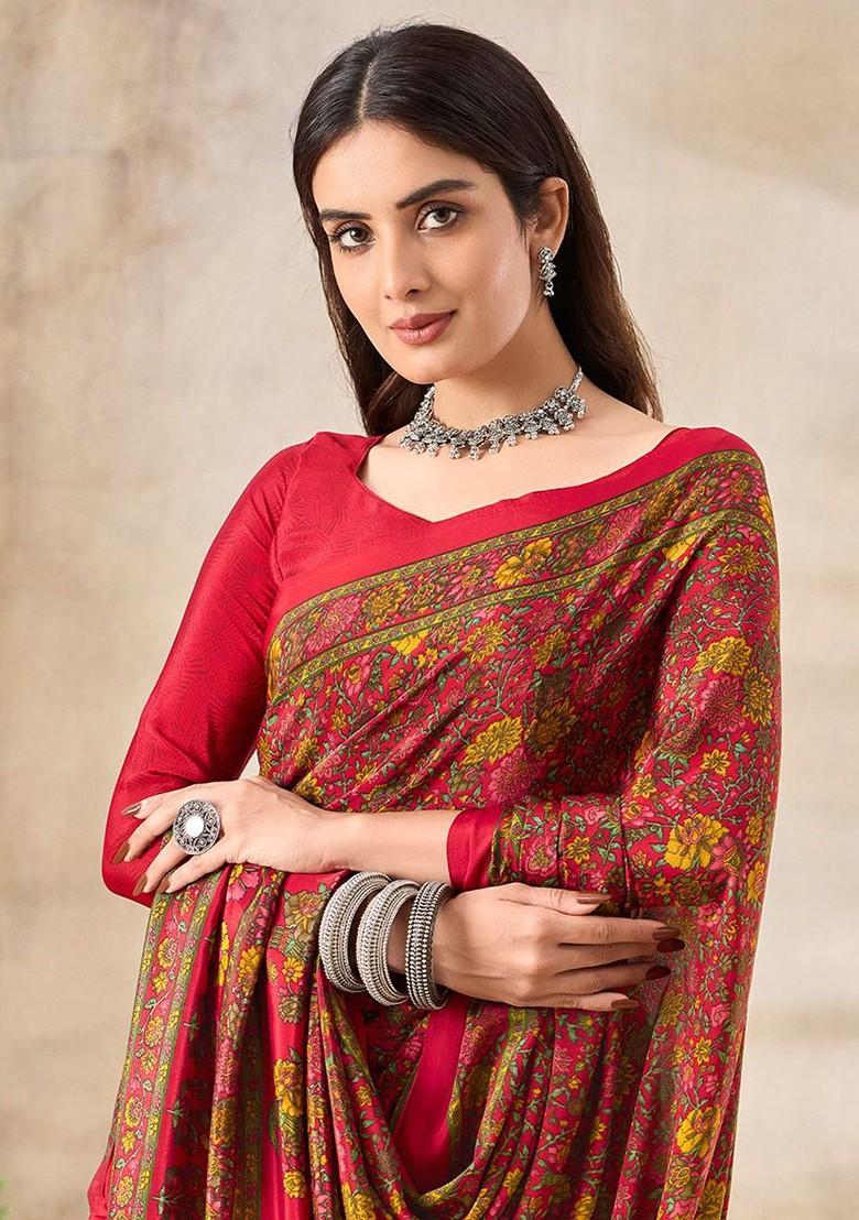 Red Floral Print Blended Saree Set