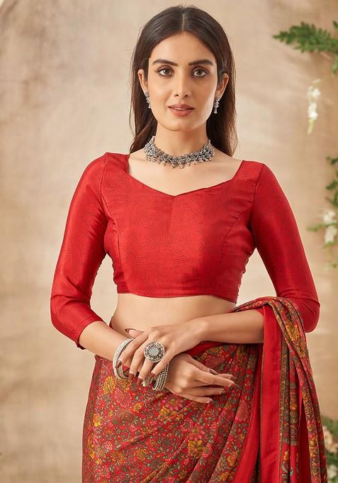 Red Floral Print Blended Saree Set