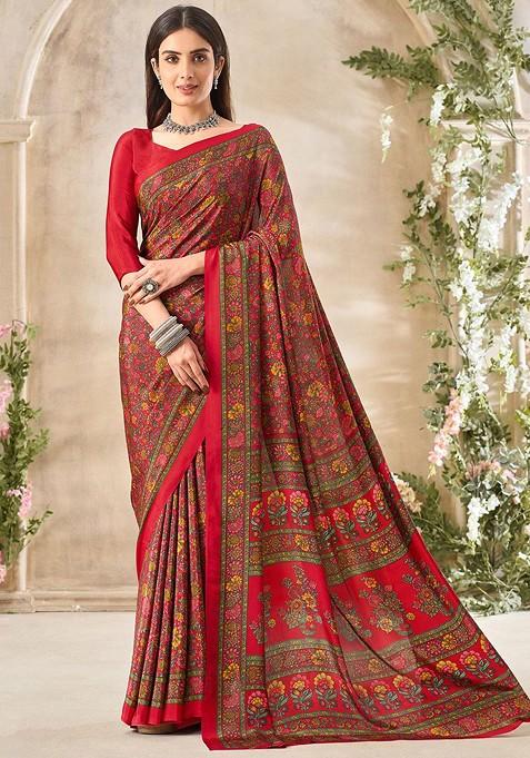 Red Floral Print Blended Saree Set