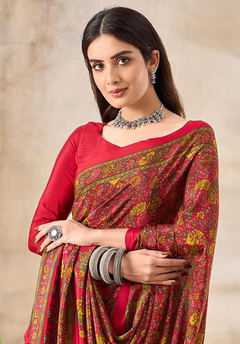 Red Floral Print Blended Saree Set