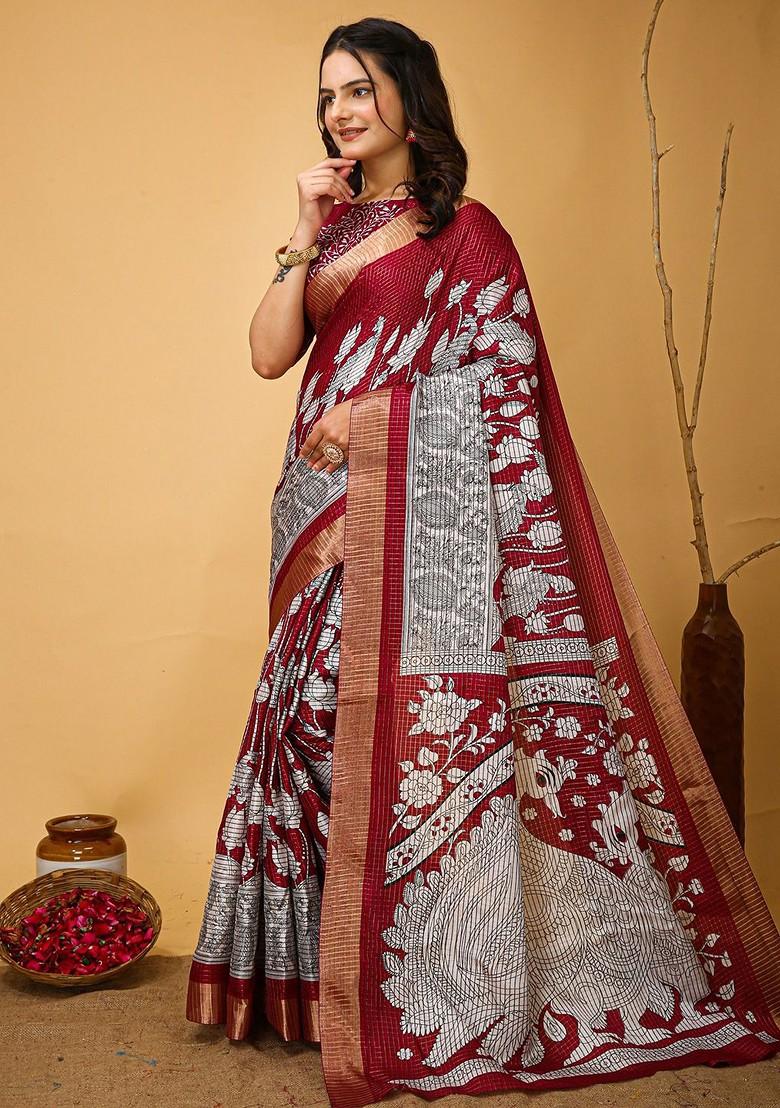Maroon Zari Printed Blended Saree Set - Indya