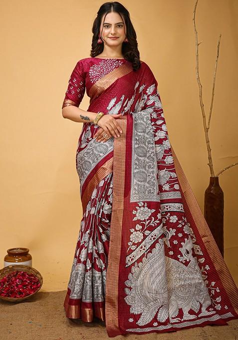 Maroon Zari Printed Blended Saree Set