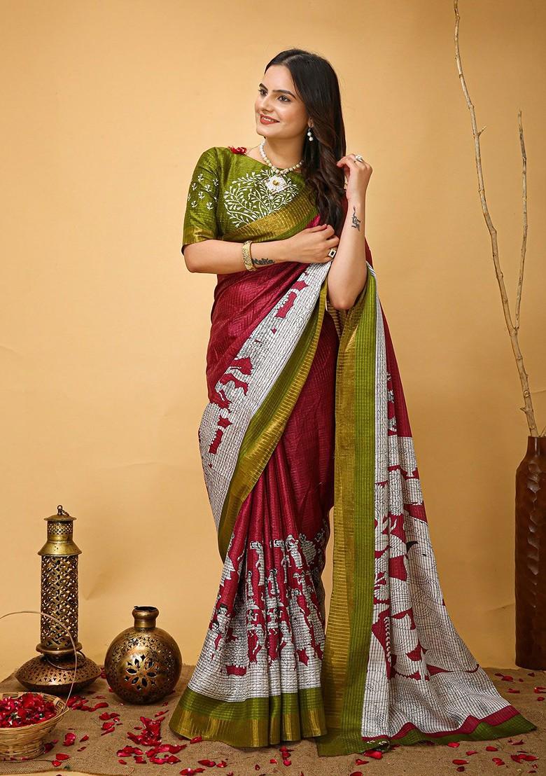 Red Printed Blended Saree Set - Indya