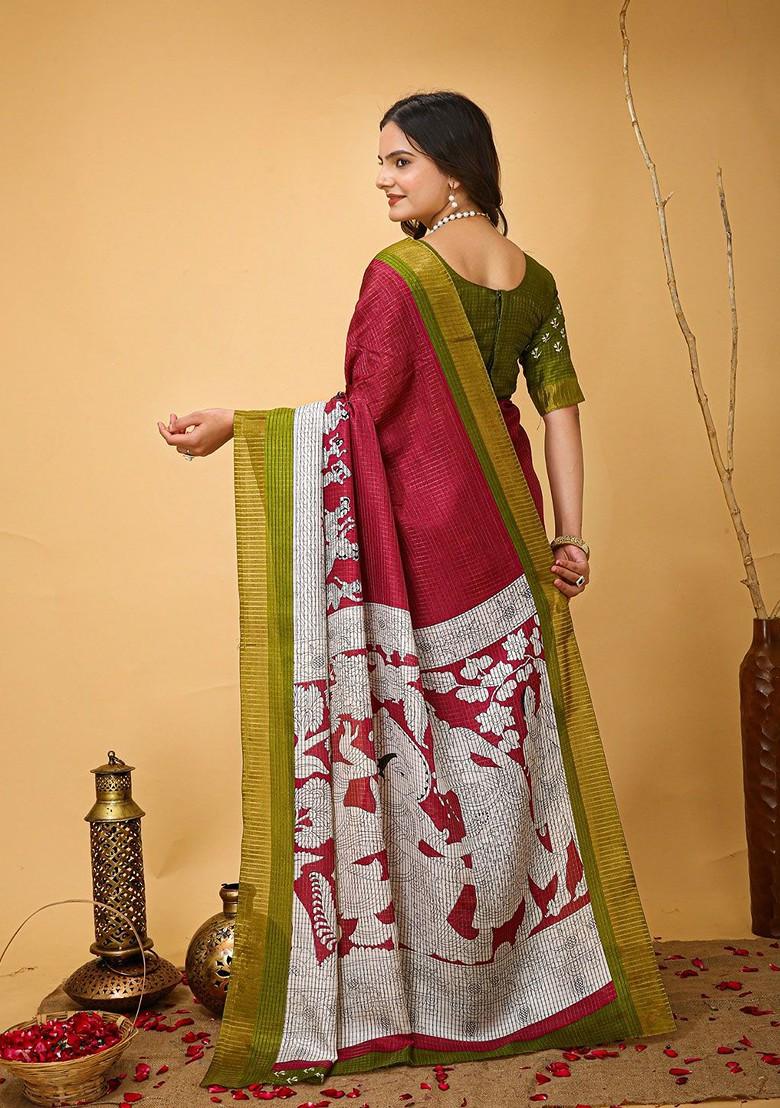 Red Printed Blended Saree Set - Indya
