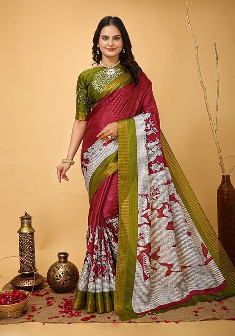 Red Printed Blended Saree Set