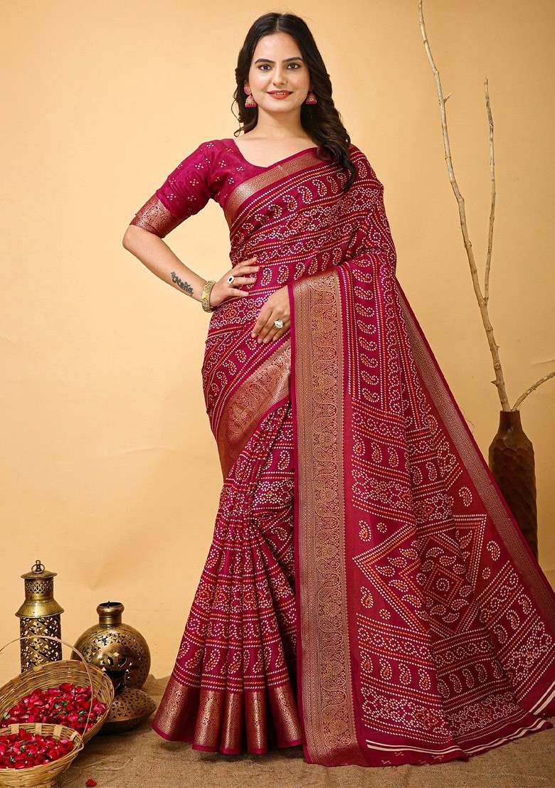 Maroon Zari Printed Blended Saree Set for Diwali and Festive Wear - Indya