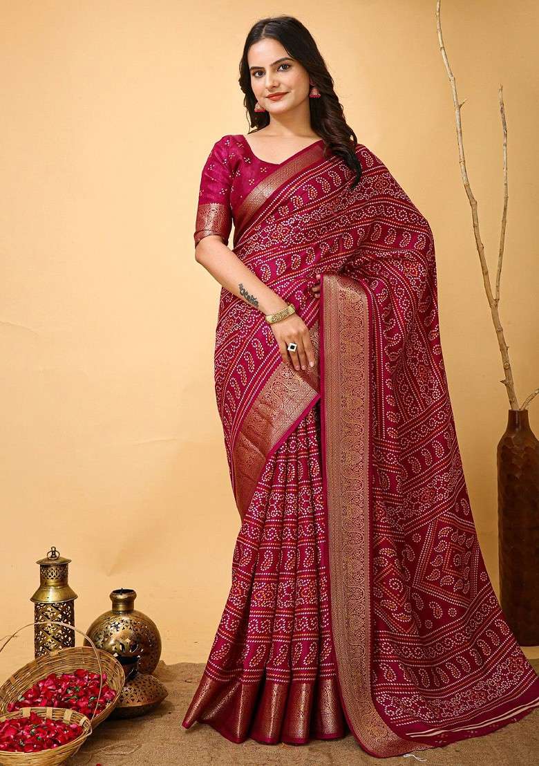 Maroon Zari Printed Blended Saree Set for Diwali and Festive Wear - Indya