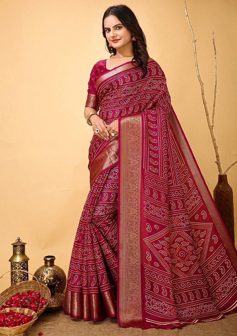 Maroon Zari Printed Blended Saree Set - Indya