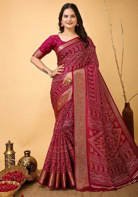 Maroon Zari Printed Blended Saree Set