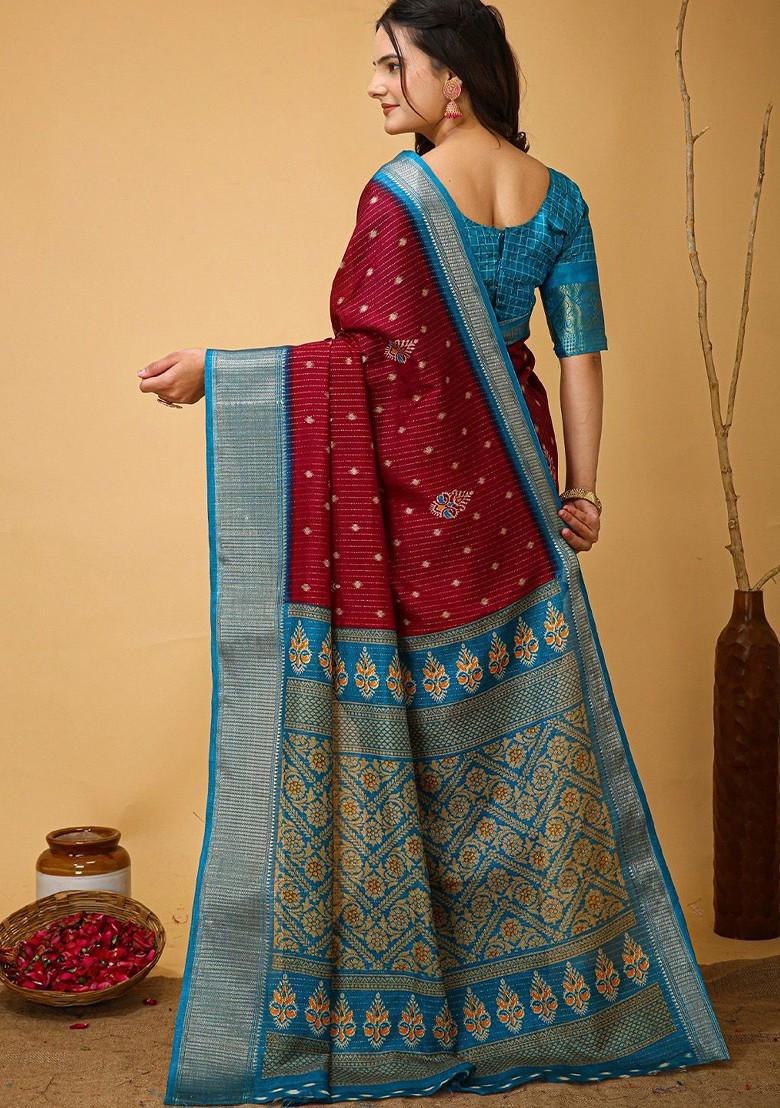 Maroon Zari Printed Blended Saree Set - Indya