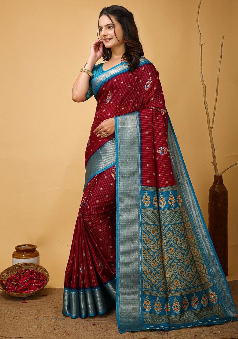 Maroon Zari Printed Blended Saree Set - Indya