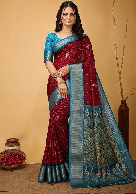 Maroon Zari Printed Blended Saree Set