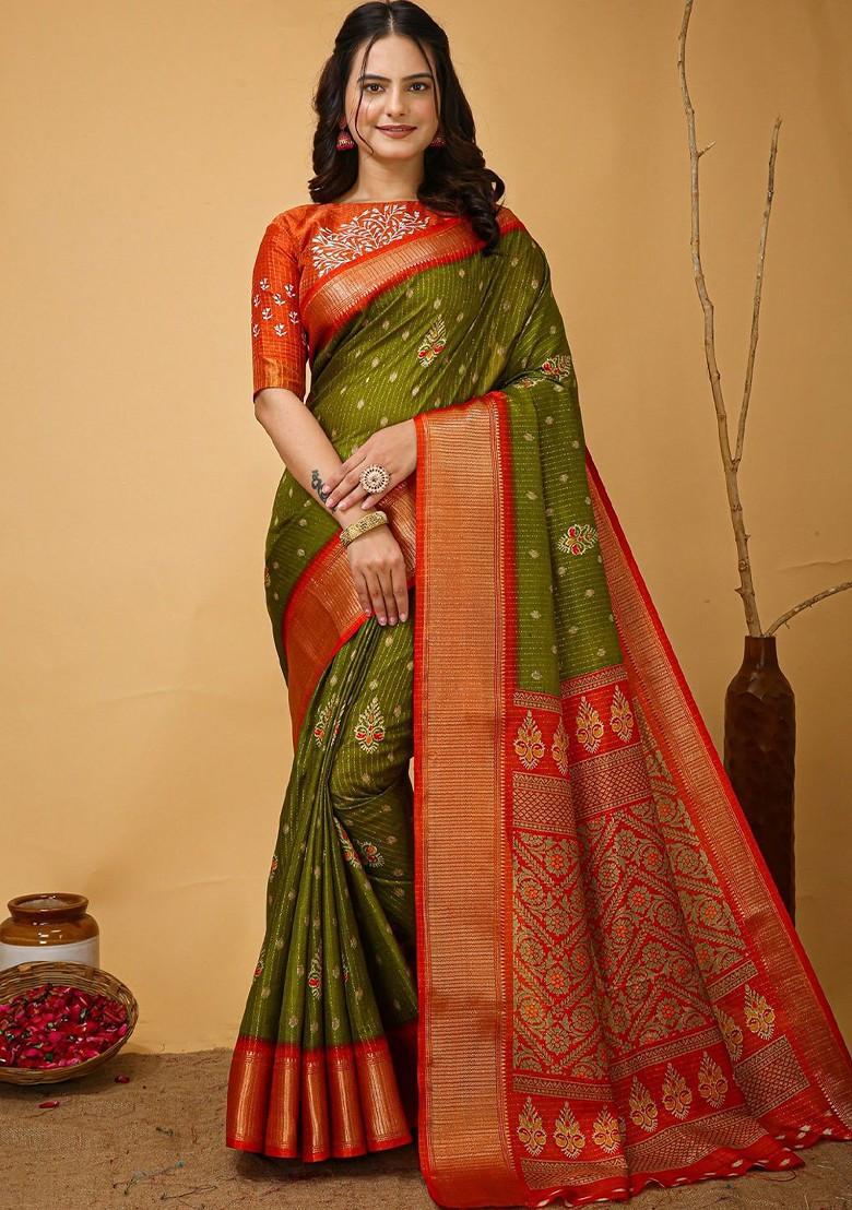 Olive Zari Printed Blended Saree Set - Indya