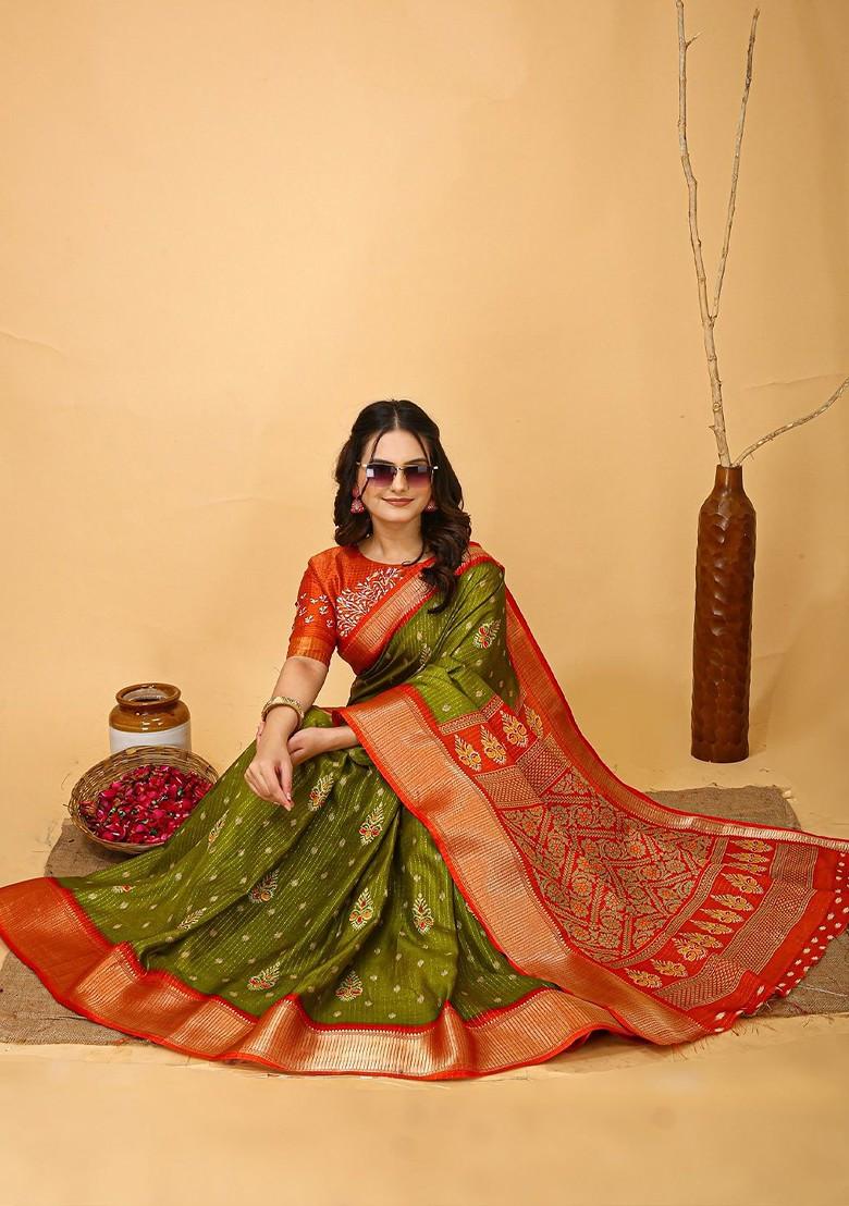 Olive Zari Printed Blended Saree Set - Indya