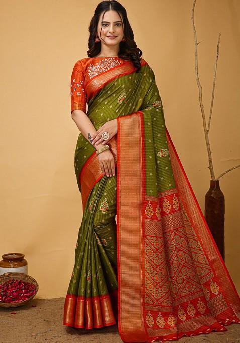Olive Zari Printed Blended Saree Set