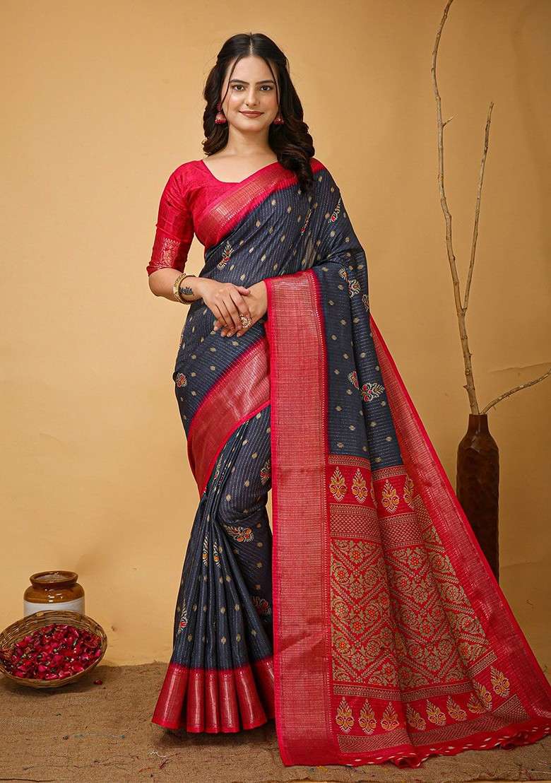 Grey Blended Saree Set with Embroidered for Diwali | Wedding & Festive Wear - Indya