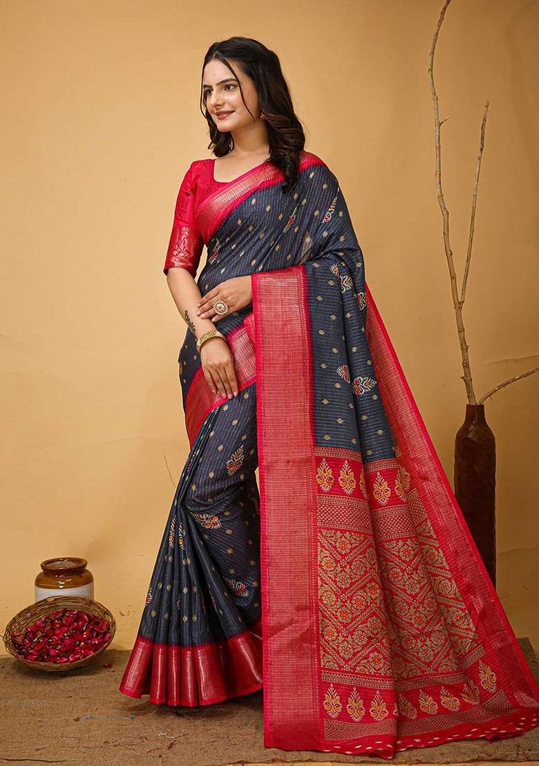 Grey Blended Saree Set with Embroidered for Diwali | Wedding & Festive Wear - Indya