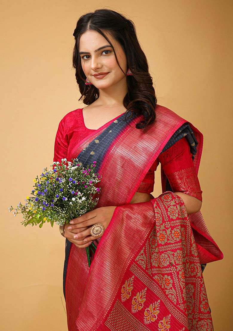 Grey Blended Saree Set with Embroidered for Diwali | Wedding & Festive Wear - Indya