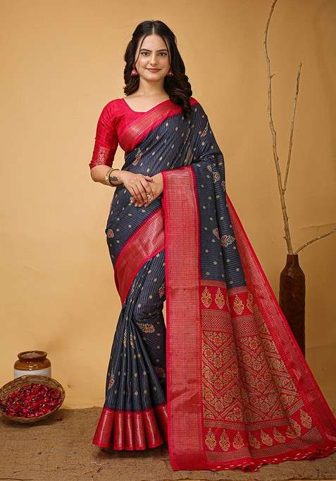 Grey Blended Saree Set with Embroidered for Diwali | Wedding & Festive Wear