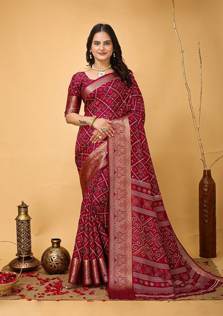 Red Zari Printed Blended Saree Set - Indya
