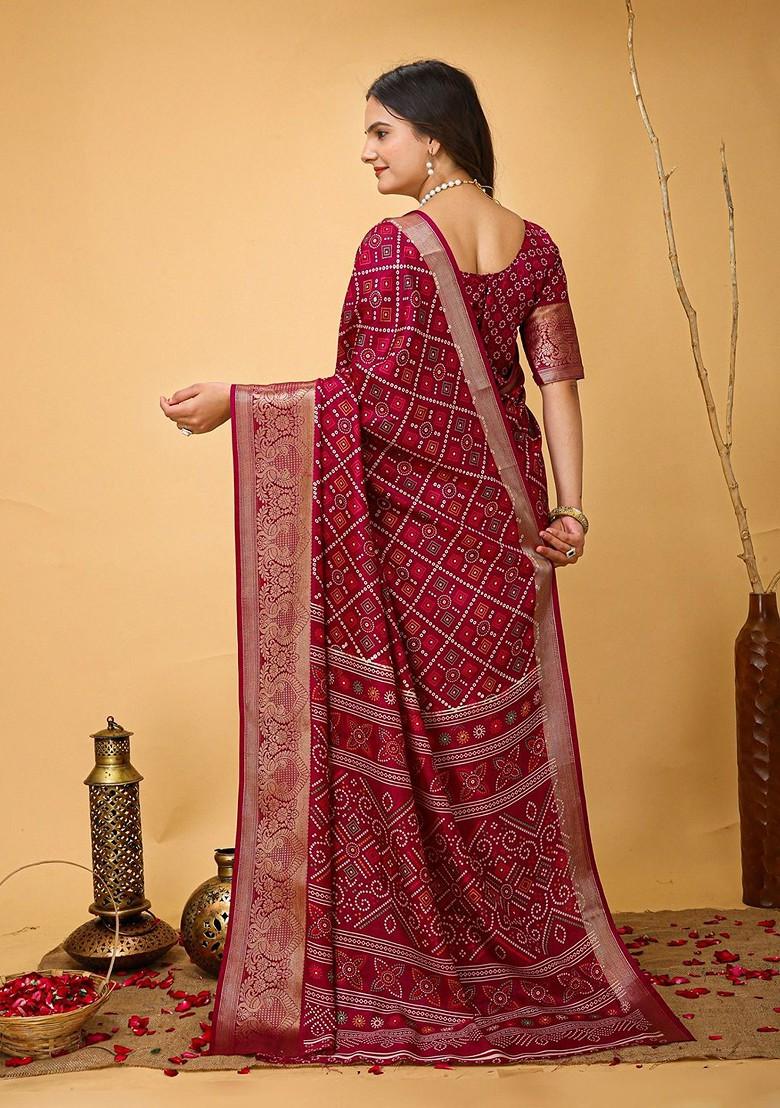 Red Zari Printed Blended Saree Set - Indya