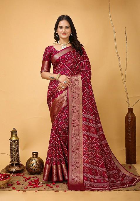 Red Zari Printed Blended Saree Set