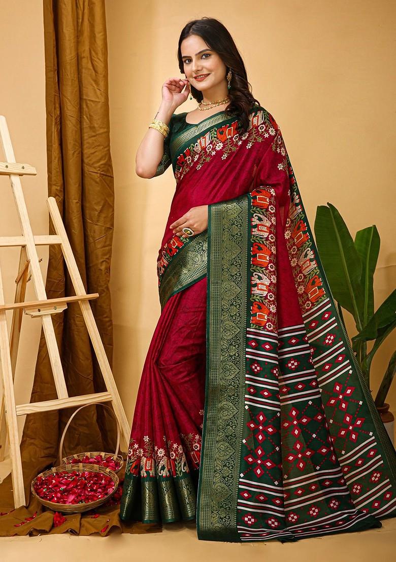 Red Printed Blended Saree Set - Indya