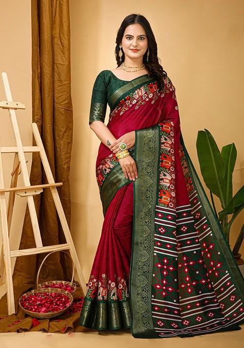 Red Printed Blended Saree Set