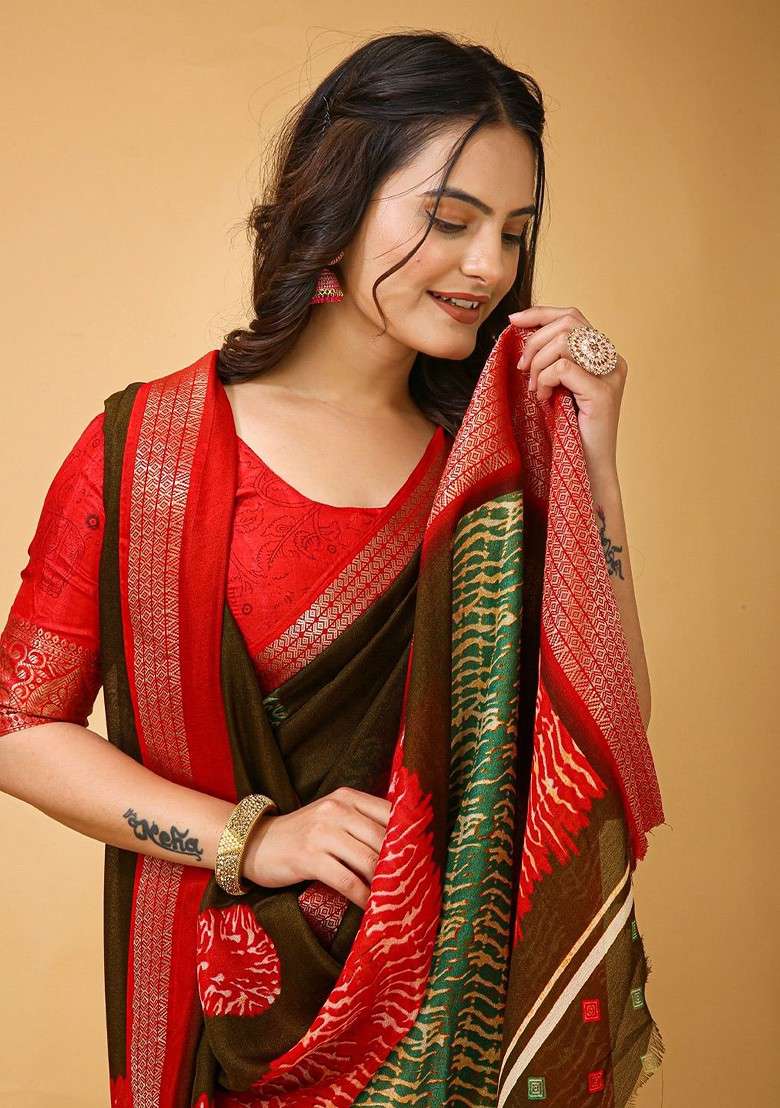 Brown Zari Printed Blended Saree Set for Diwali and Festive Wear - Indya