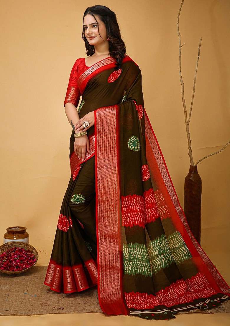 Brown Zari Printed Blended Saree Set for Diwali and Festive Wear - Indya