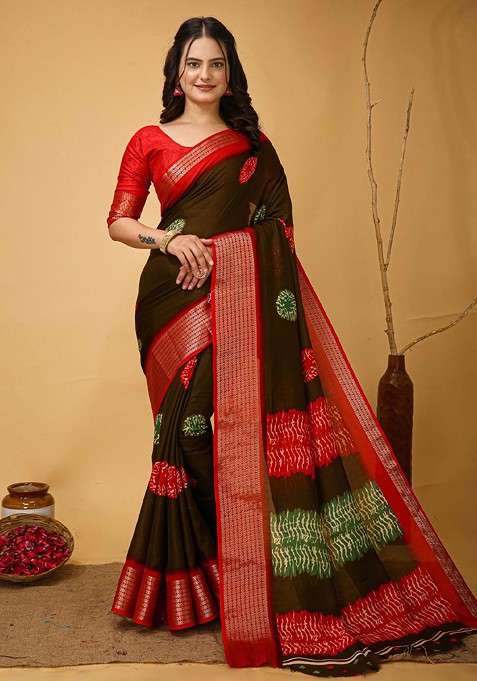 Brown Zari Printed Blended Saree Set for Diwali and Festive Wear