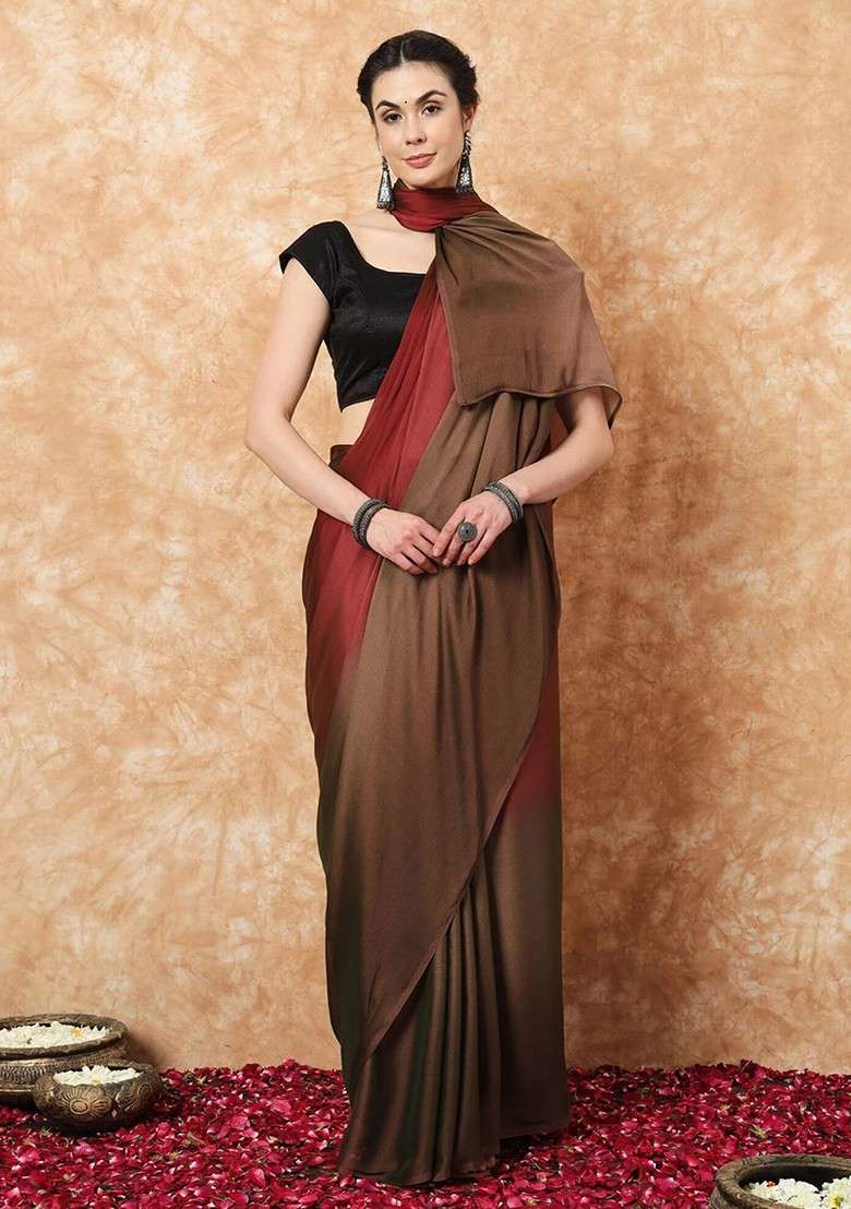 Red Embroidered Blended Saree Set - Indya