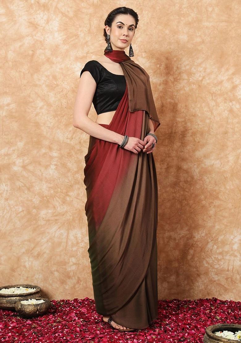 Red Embroidered Blended Saree Set - Indya