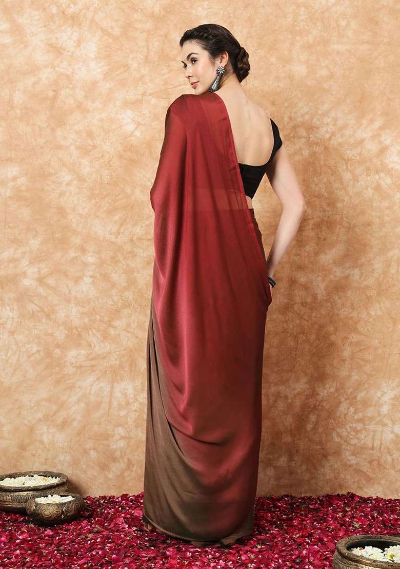 Red Embroidered Blended Saree Set - Indya