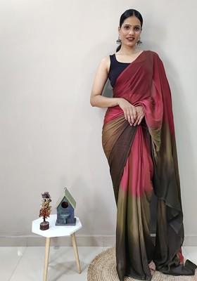 Red Embroidered Blended Saree Set
