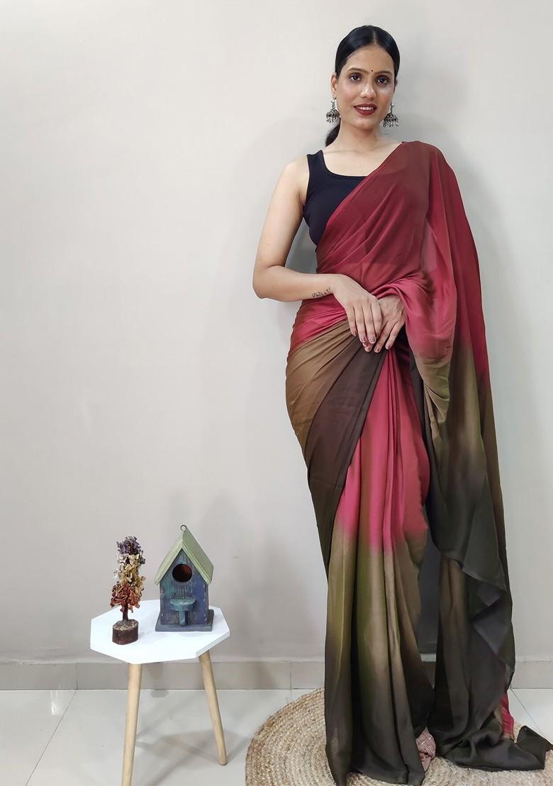 Red Embroidered Blended Saree Set - Indya