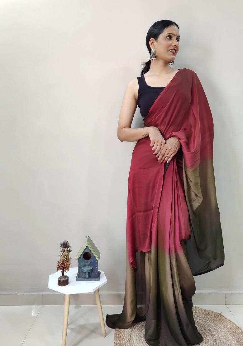 Red Embroidered Blended Saree Set - Indya