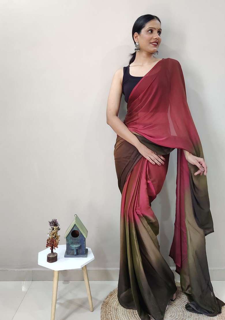 Red Embroidered Blended Saree Set - Indya