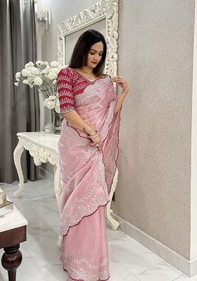 Pink Zari Printed Blended Saree Set